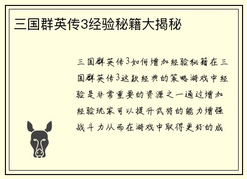 三国群英传3经验秘籍大揭秘